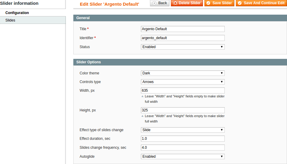 Edit slider interface