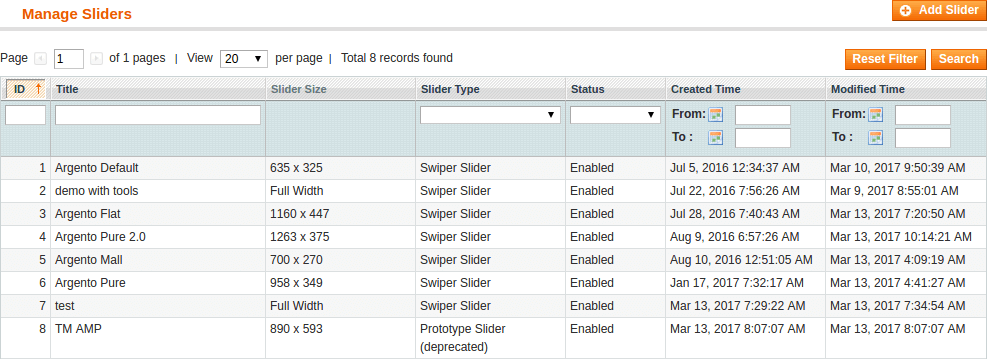 Manage sliders interface