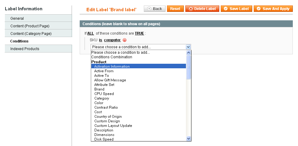 Manual label - conditions tab