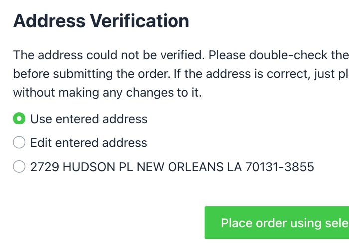 Address Validation popup with suggested verified address