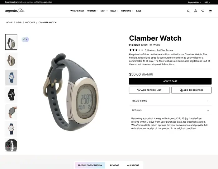 Argento Chic product page with collapsed tabs.