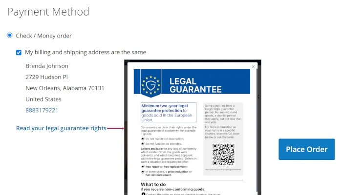 Legal Guarantee Notice at the Checkout Page