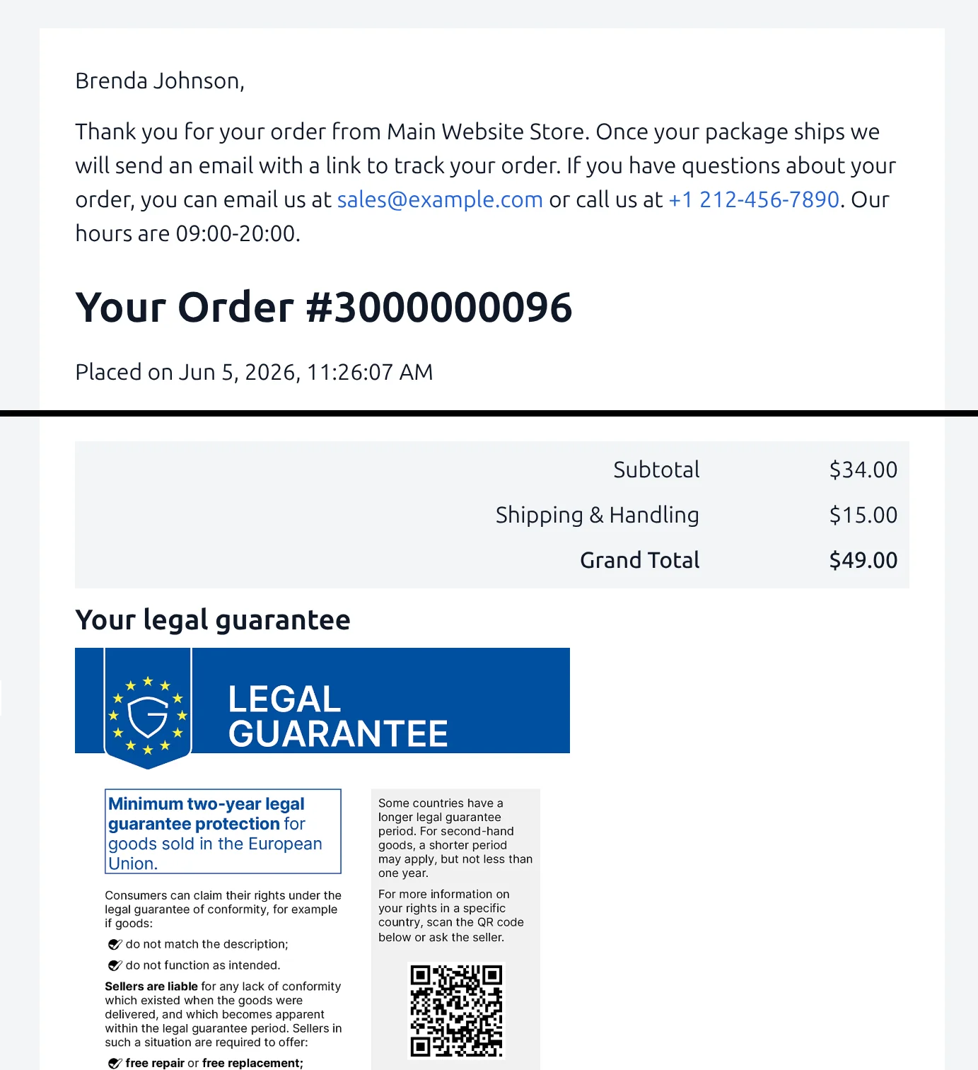 Legal Guarantee Notice in New Order Email