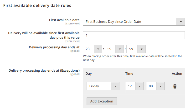 First available delivery date configuration