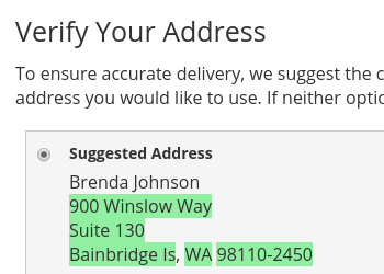 ClassyLlama_AvaTax Address Verification integration with expanded layout. Popup appears when user clicks "Place Order". If address is correct - an order will be placed without interruption.
