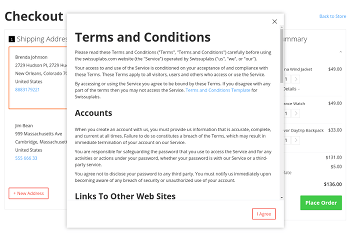 Terms and Conditions popup with 'I Agree' button