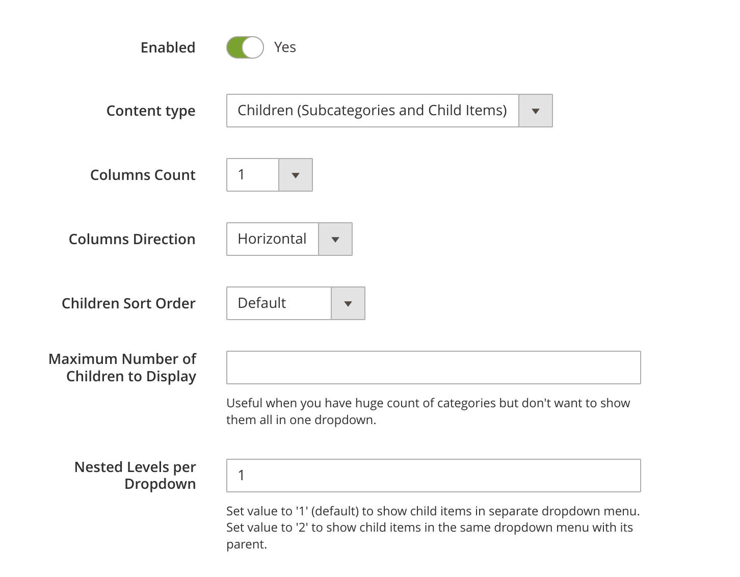 Subcategories and Child Items content