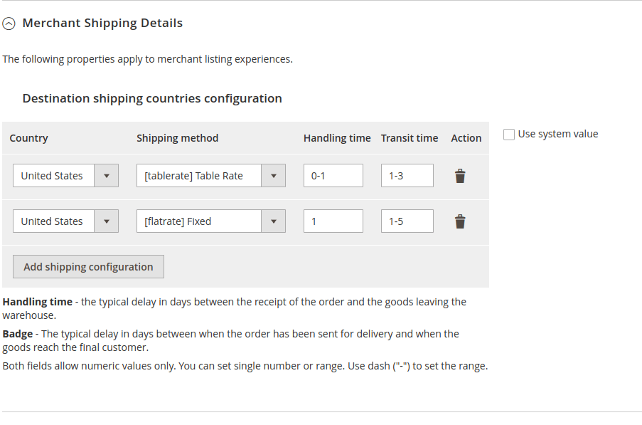 Product structured data settings. Merchant shipping details.