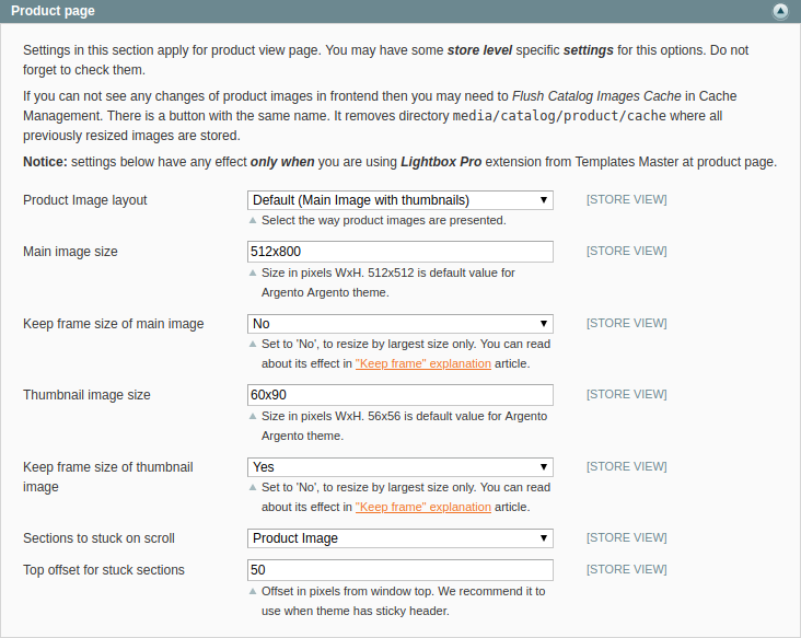 Product page settings