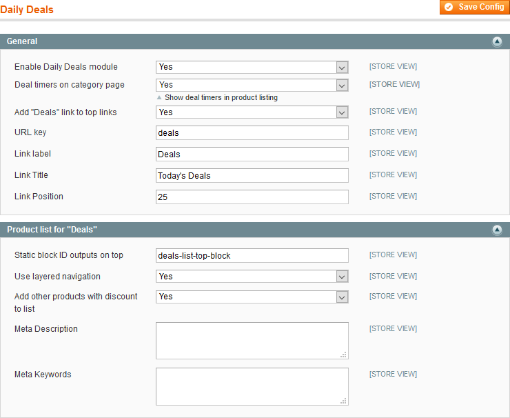 Dailydeals system config options