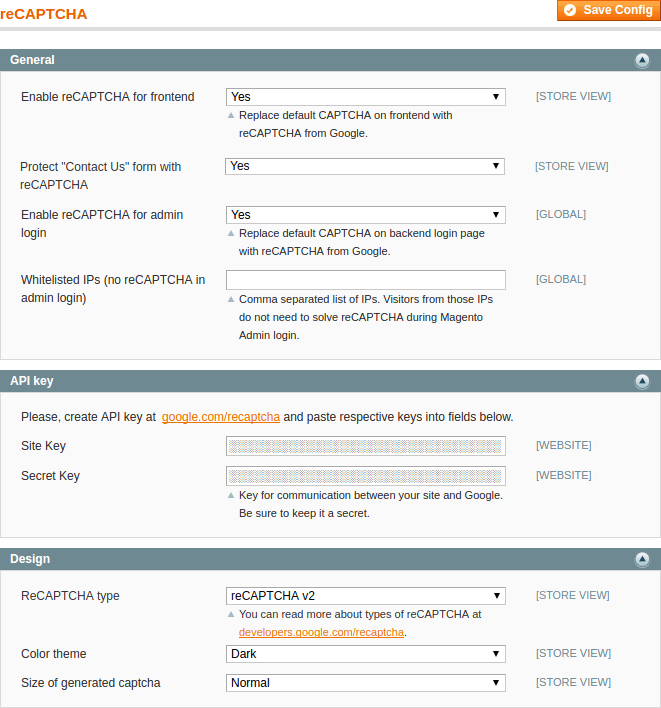 ReCAPTCHA system config options