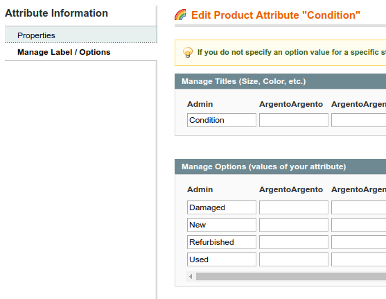 Conditions attribute options