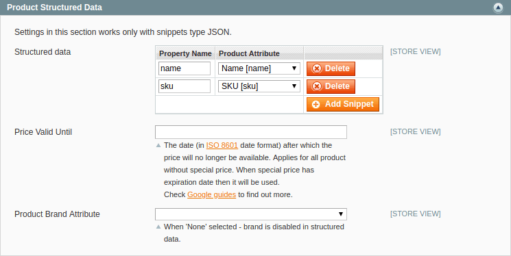 Product structured data settings