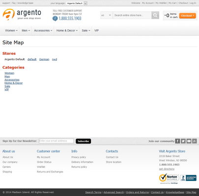HTML Sitemap on Argento Theme with Categories Max Depth set to 1 and Sort By set to Position