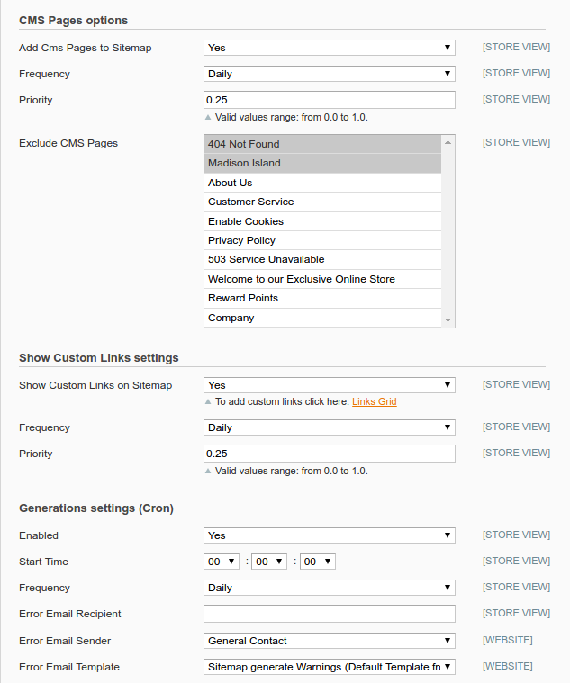 XML Sitemap section