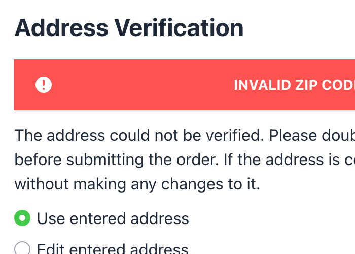 Address Validation popup with validation error