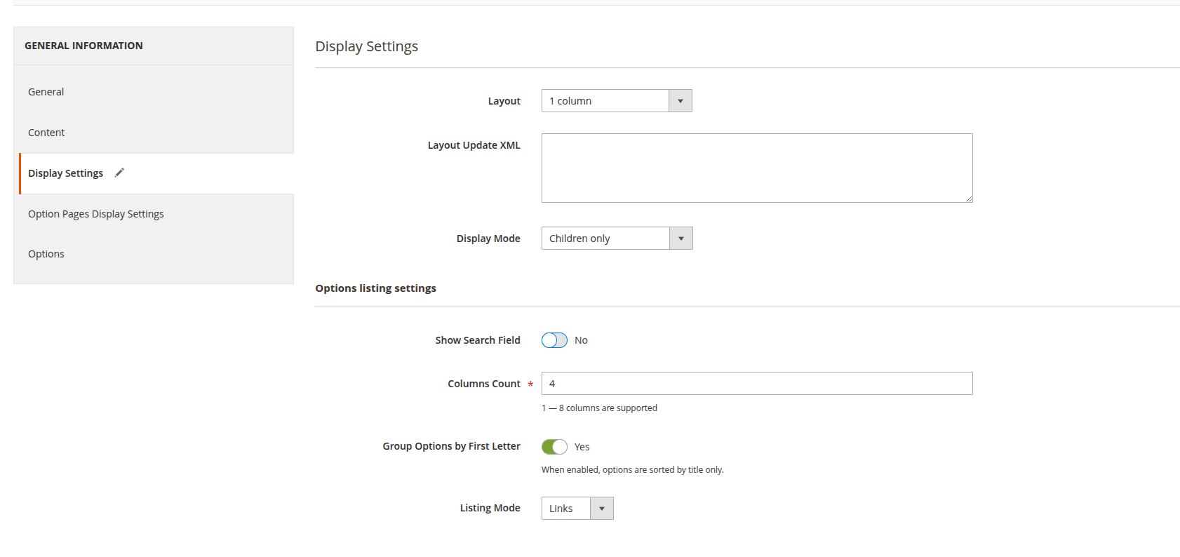 Display settings tab