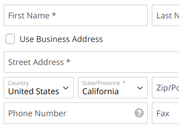 Customized field labels, placeholders, and sizes. Dependent fields are used for 'Use Bussiness Address' checkbox.
