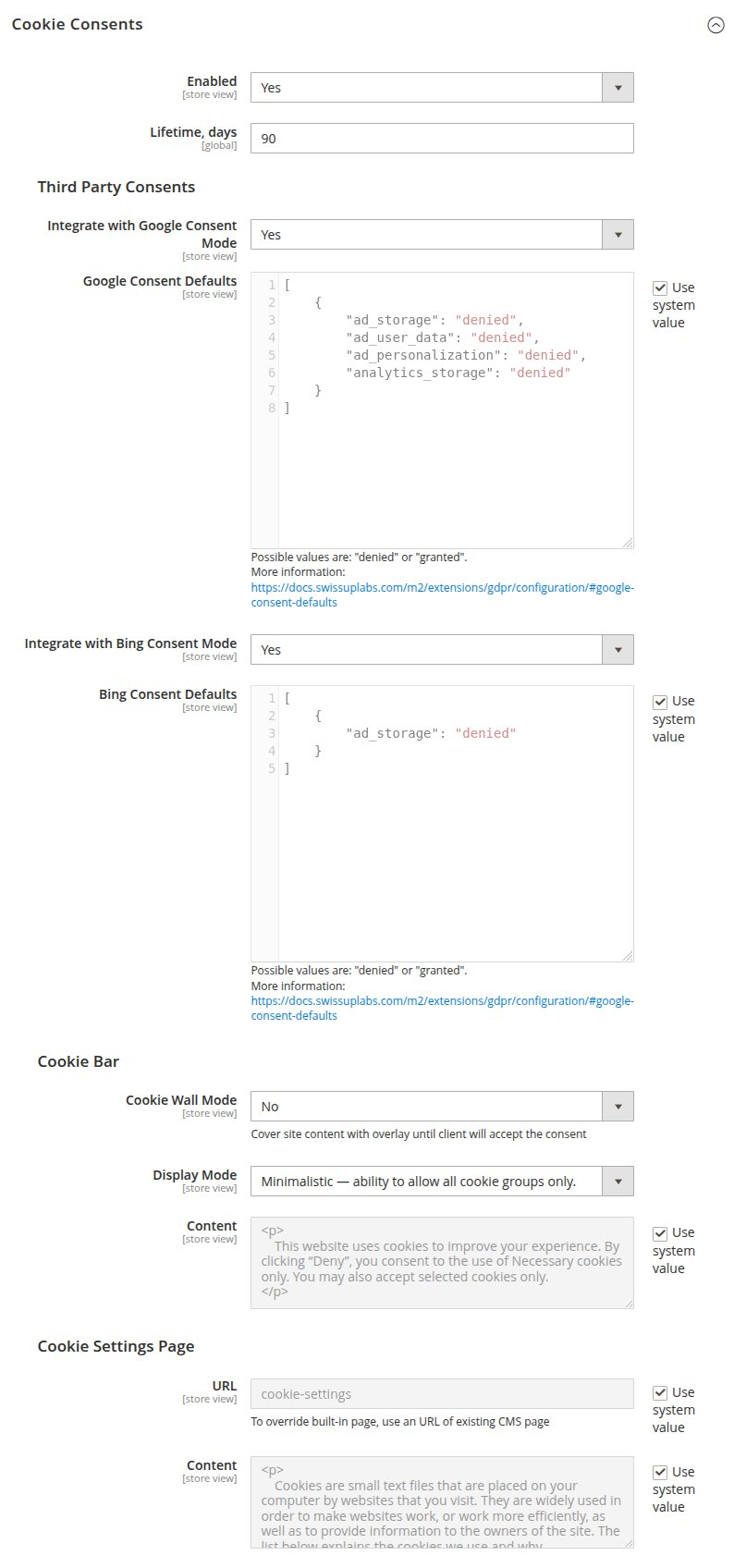 Cookie consents section
