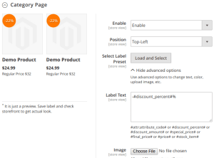 Category page labels config - advanced optiones shown