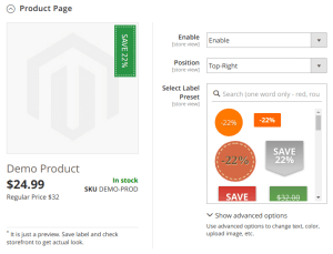 Product page labels config - presets loaded