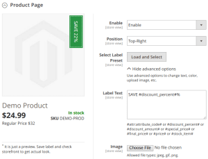 Product page labels config - advanced optiones shown