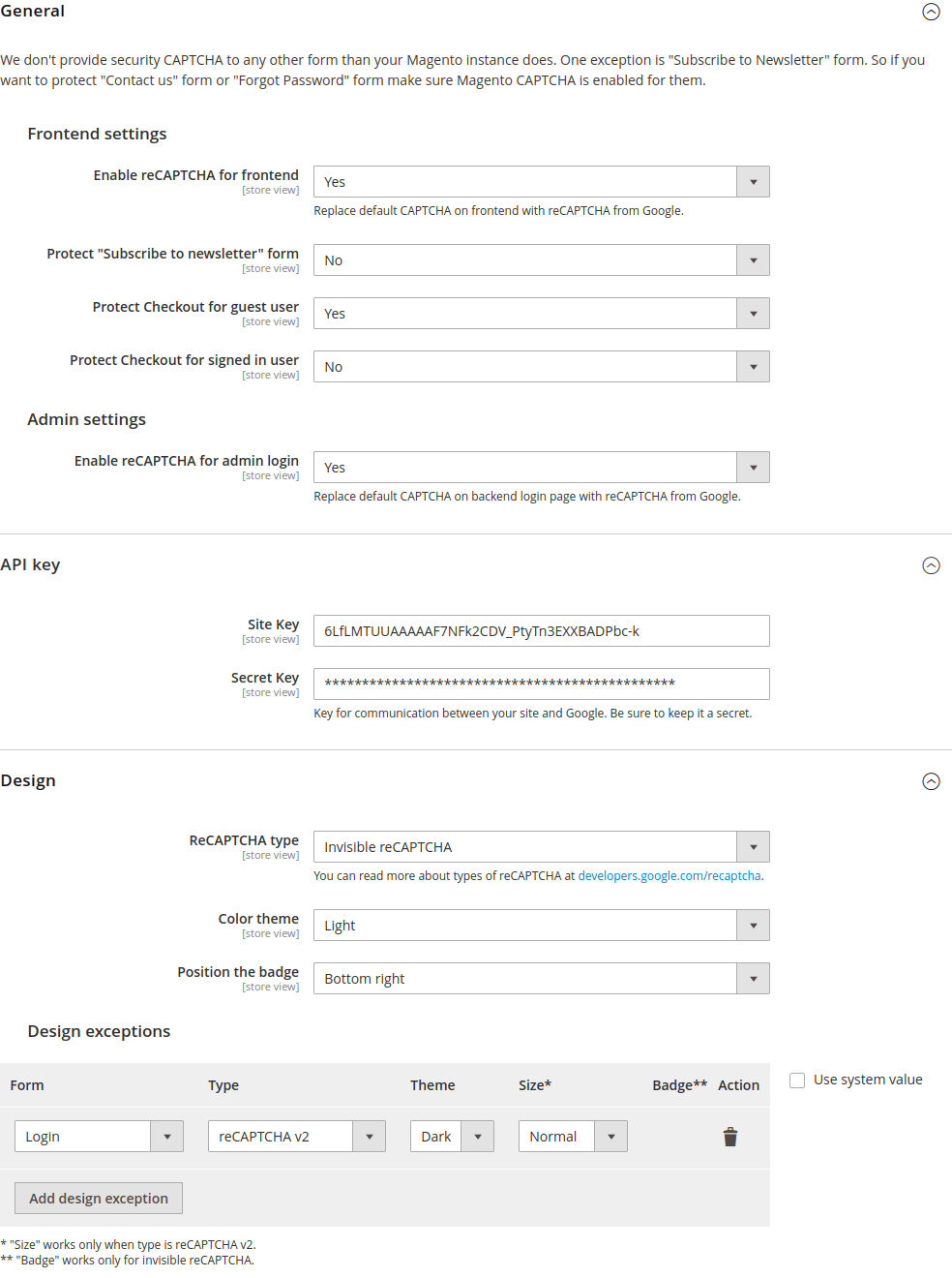 ReCAPTCHA system config options