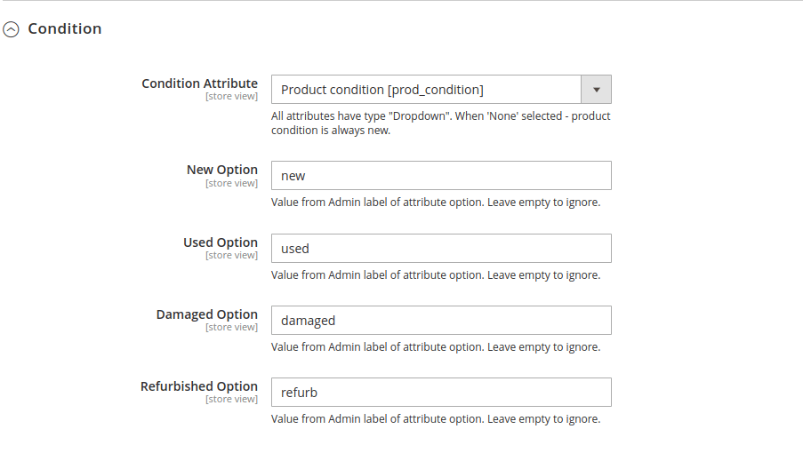 Product structured data settings. Condition.