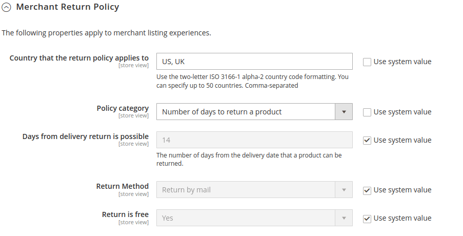 Product structured data settings. Merchant return policy.
